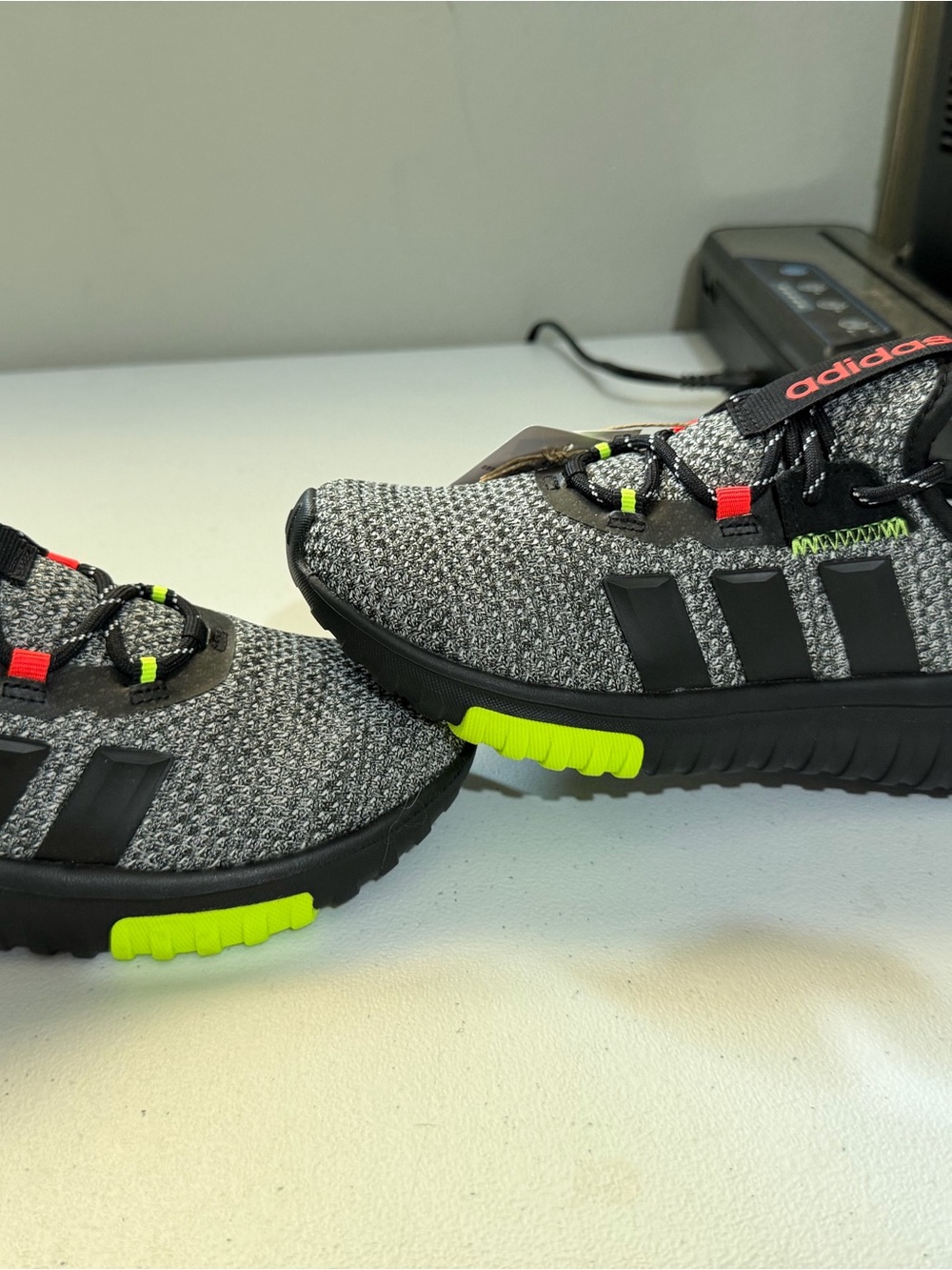 adidas Kids Gray Knit Sneakers with Neon Green Accents